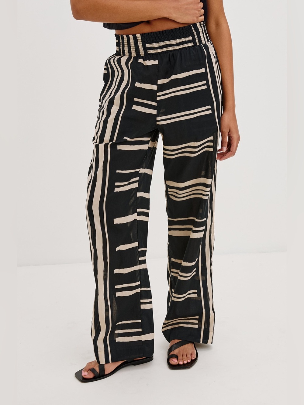 Rails $168 Brendon Wide Leg Cotton Pants M Island Stripe Black Beige Sheer Beach